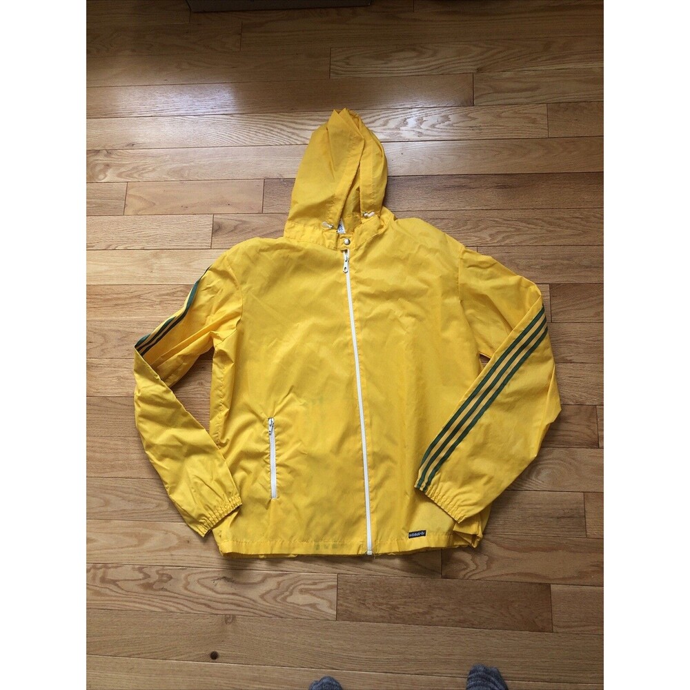 Vintage Adidas Rain Jacket Windbreaker Yellow Trefoil Full Zip with Zip Pocket M
